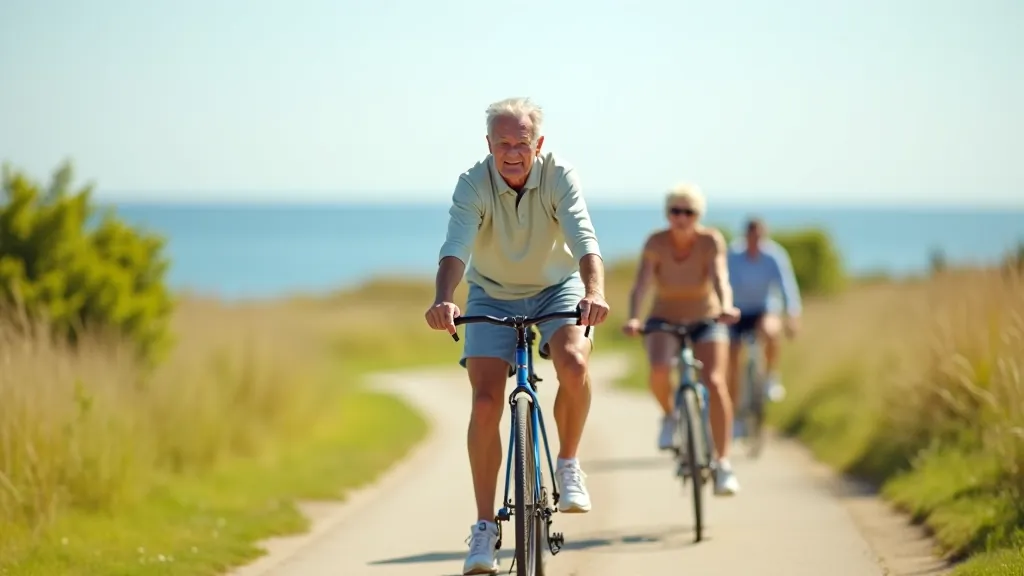 Seniori uz velosipēdiem braucē pa Saulkrastu piekrasti ar jūru fonā, skaists saulains laiks
