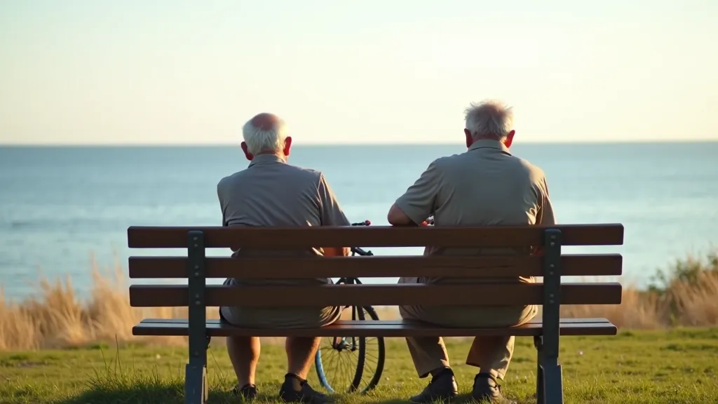 Divi seniori velobraucēji atpūšas uz sola ainavā, draudzīga atmosfēra